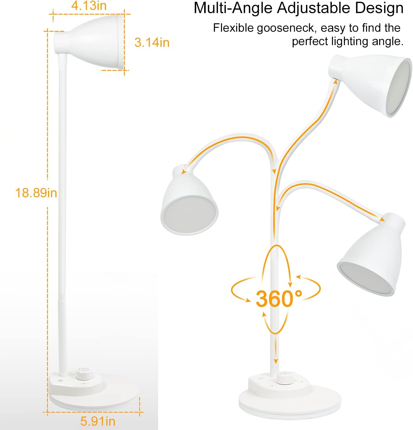 BOHON LED Desk Lamp with USB Charging Port 3 Color Modes Dimmable Reading Light Intelligent Induction Auto Dimming Task Lamp Flexible Gooseneck Table Lamp for Bedside Office, AC Adapter Include