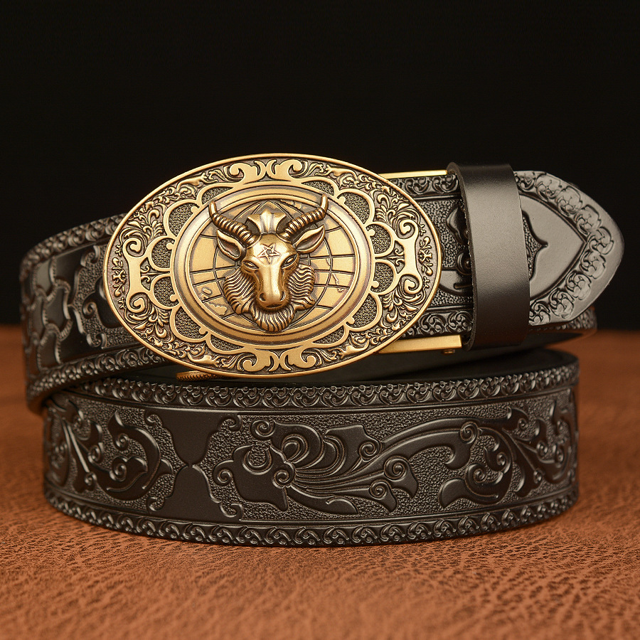 Antique Goat Waist Buckle Cowboy Leather 3D Manual Engraved Belt