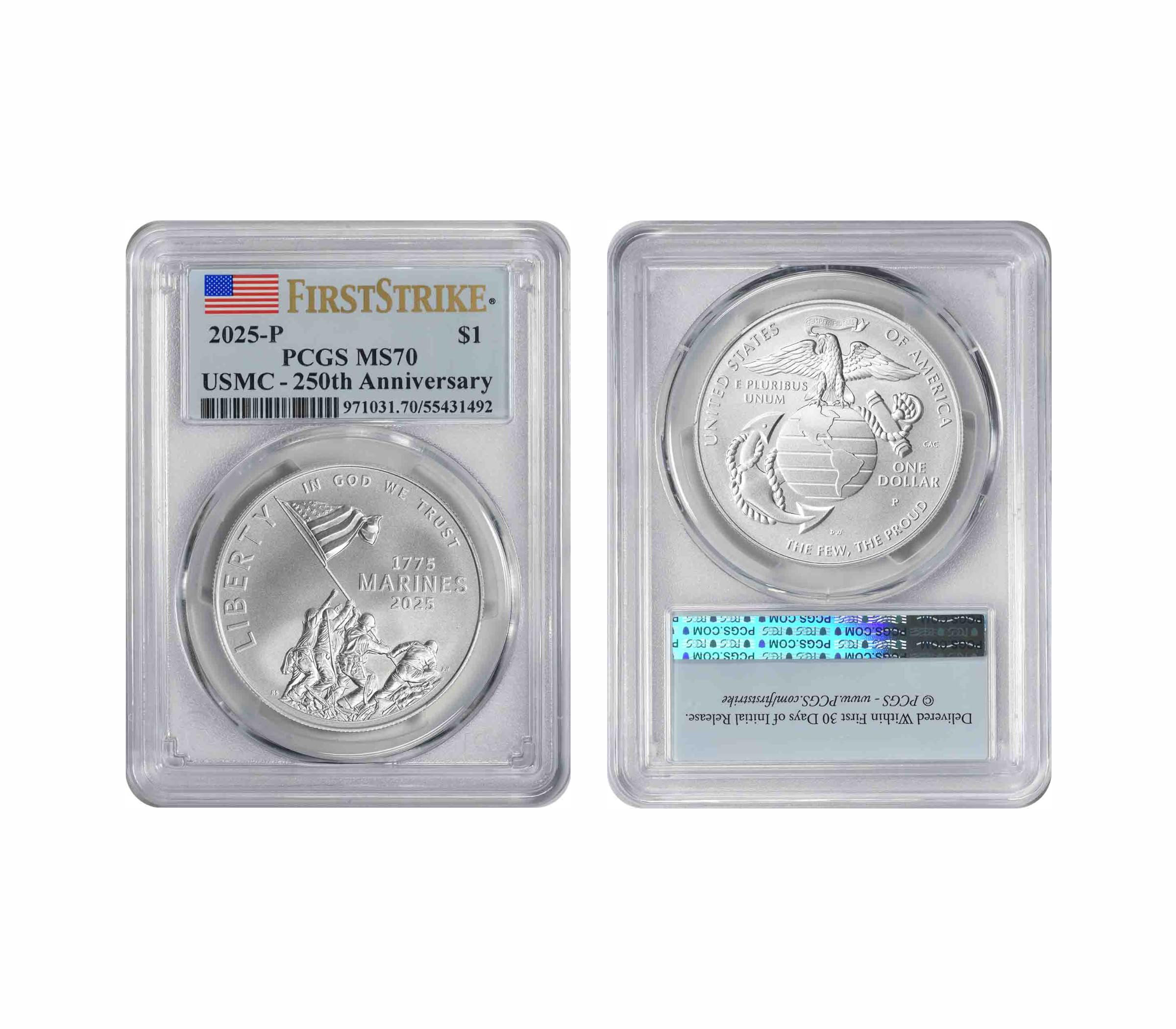 2025 P U.S. Marine Corps USMC 250th Anniversary Silver Commemorative Dollar, First Strike PCGS MS70