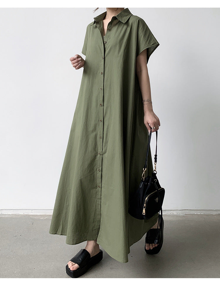 Summer Dress Women Pullover Short Sleeve Linen Solid Color Loose Lapels Casual Shirt Dress