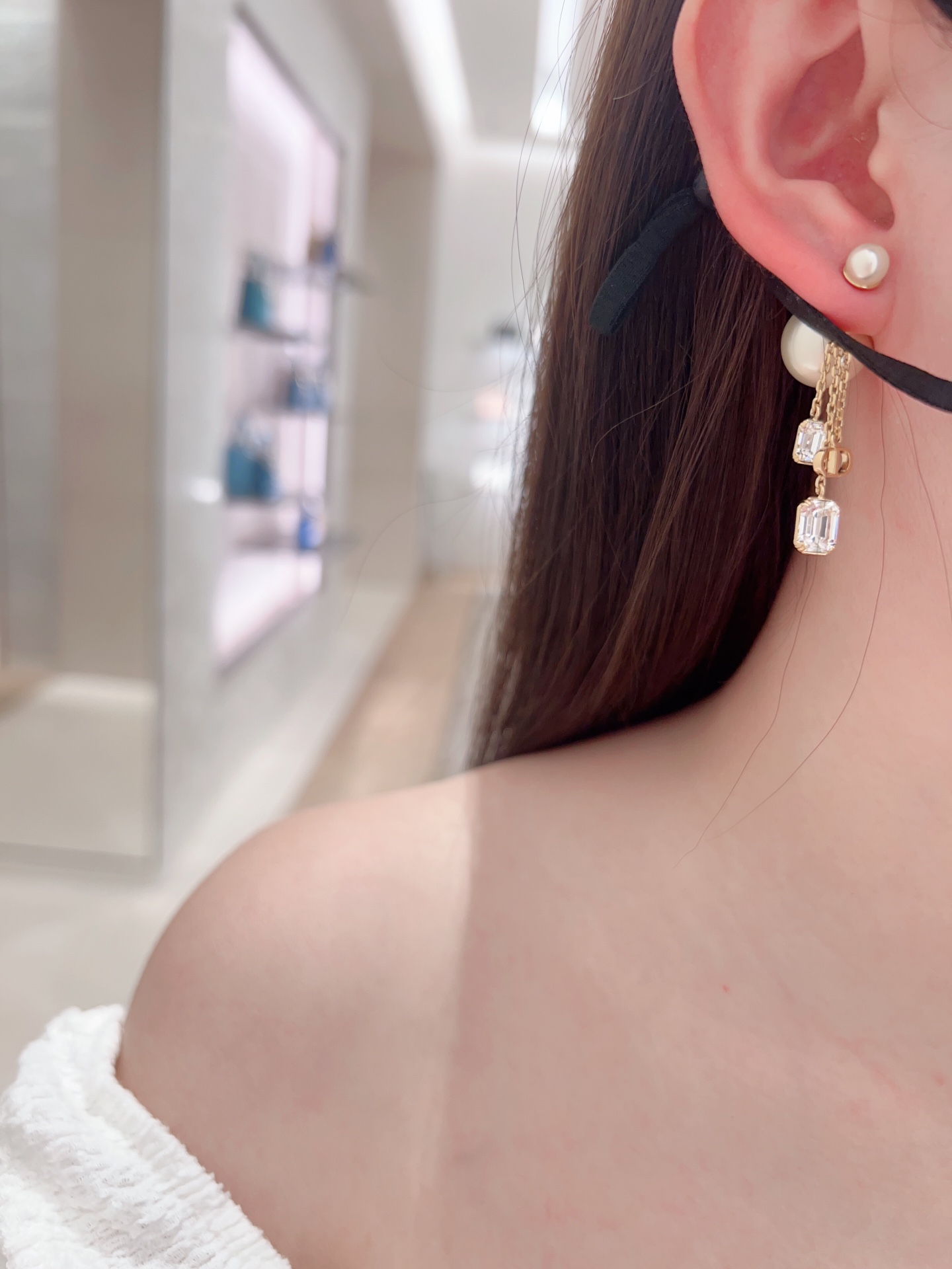 Dior large and small pearl tassel rhinestone earrings