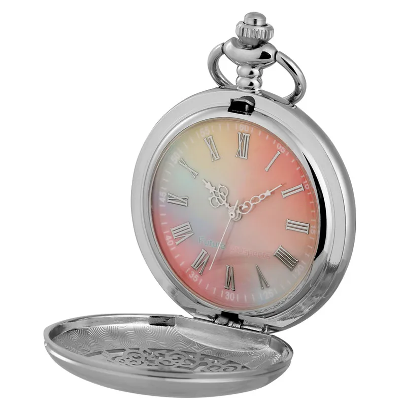 Silver Hollow Out Flower Case Roman Number Quartz Pocket Watch for Women Lady Colorful Dial Pendant Necklace Chain reloj