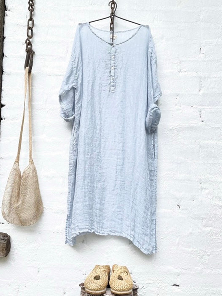 Solid Button Neck Comfortable Casual Midi Dress