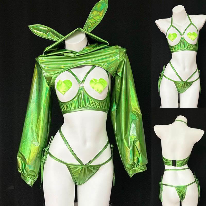 Cosplay Rabbit Laser Reflective Top Hollow Uniform Lingerie Set