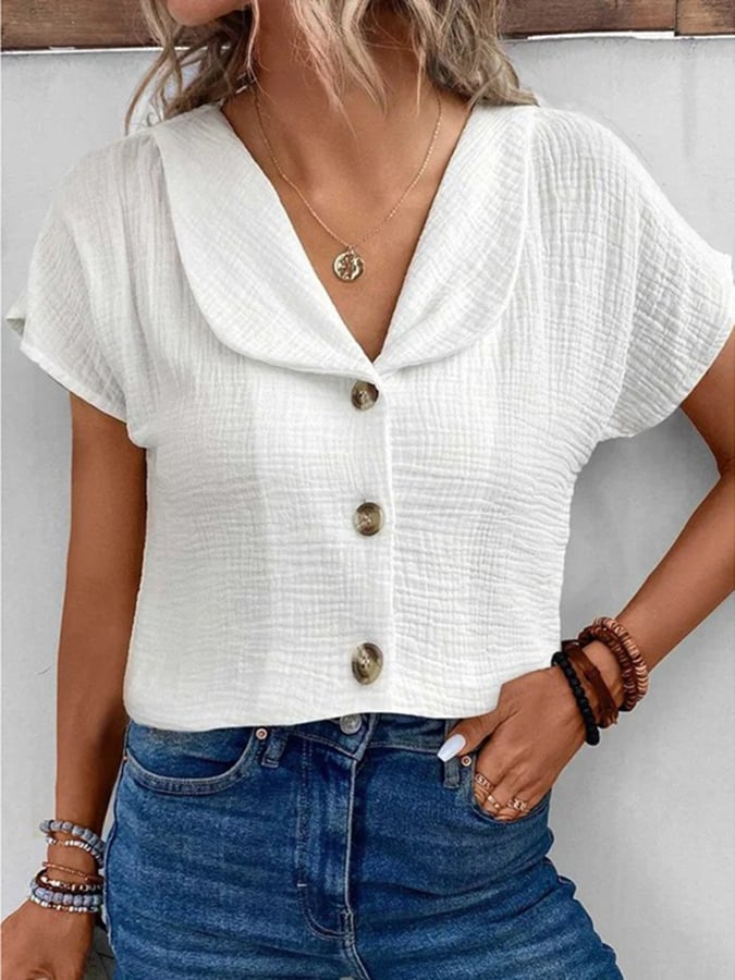 Women's Textured Fabric Dolly Collar Button Design Casual Shirt