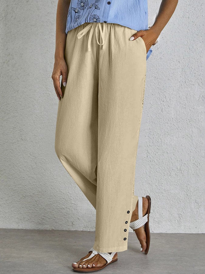 Casual Elegant Lace-Up With Pockets Buttons Lace Side Cotton Linen Trousers