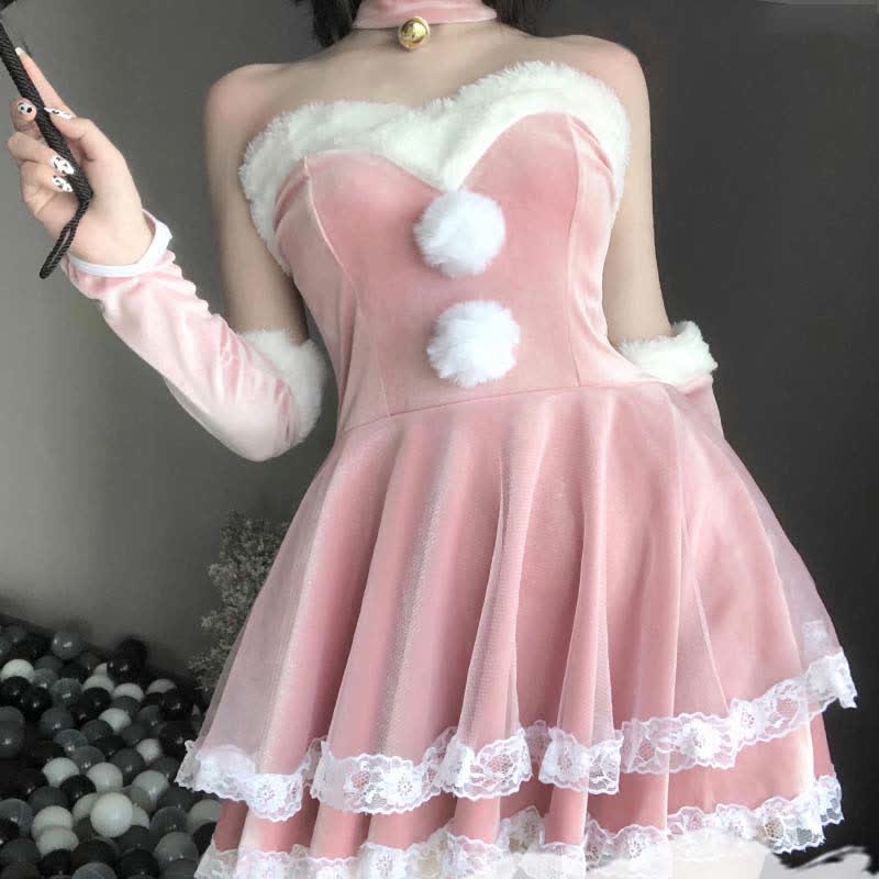 Christmas Cosplay Double Lace Fuzzy Ball Off The Shoulder Dress
