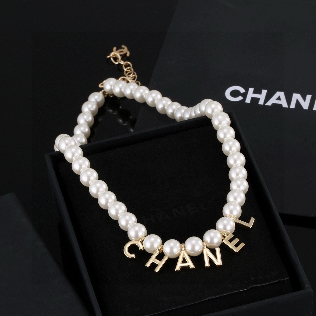 Chanel alphabet pearl necklace