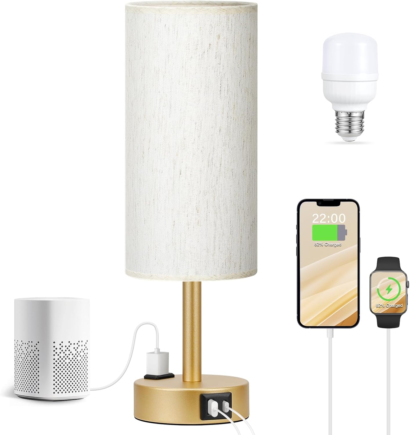 Bedside Table Lamp for Bedroom - 3 Way Dimmable Touch Lamp USB C Charging Ports and AC Outlet, Small Lamp Wood Base Round Flaxen Fabric Shade for Living Room, Desk, LED Bulb Included