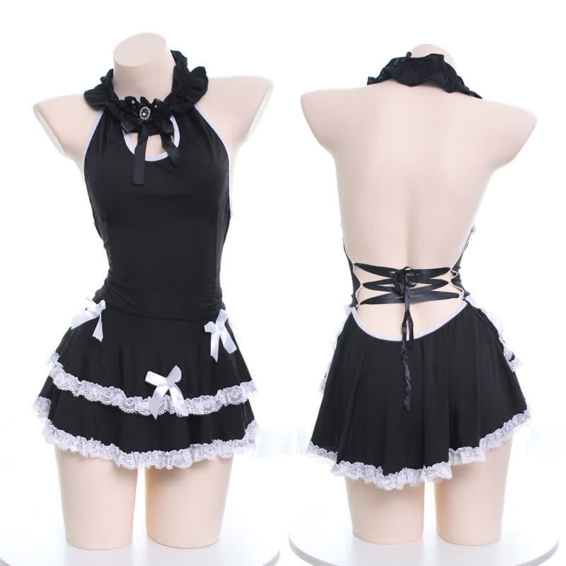 Sexy Lace Up Ruffled Halter Dress Lingerie