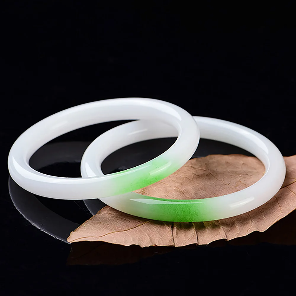 Natural Chalcedony Women's Bracelet Golden Silk Jade White Green Round Bangle Fine Jewelry Accessories Ladies Gift Free Shipping