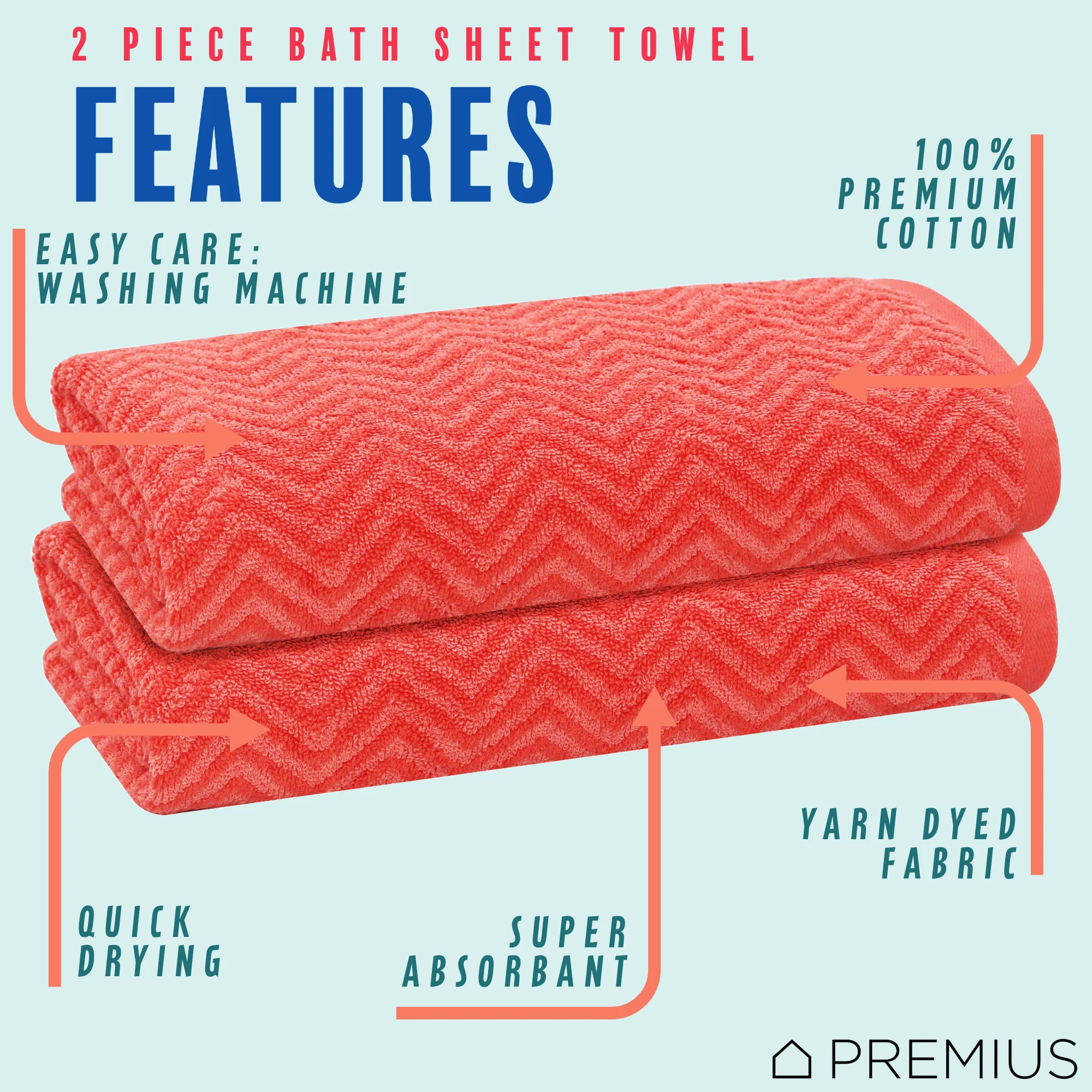 PREMIUS 2 Pack Chevron 100% Cotton Yarn Dyed Bath Sheet Towel, 32x64 Inches