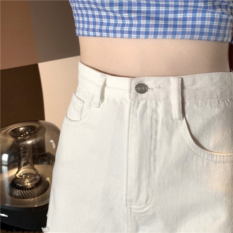 White Ripped high-waisted skinny hot pants spicy broad leg jeans