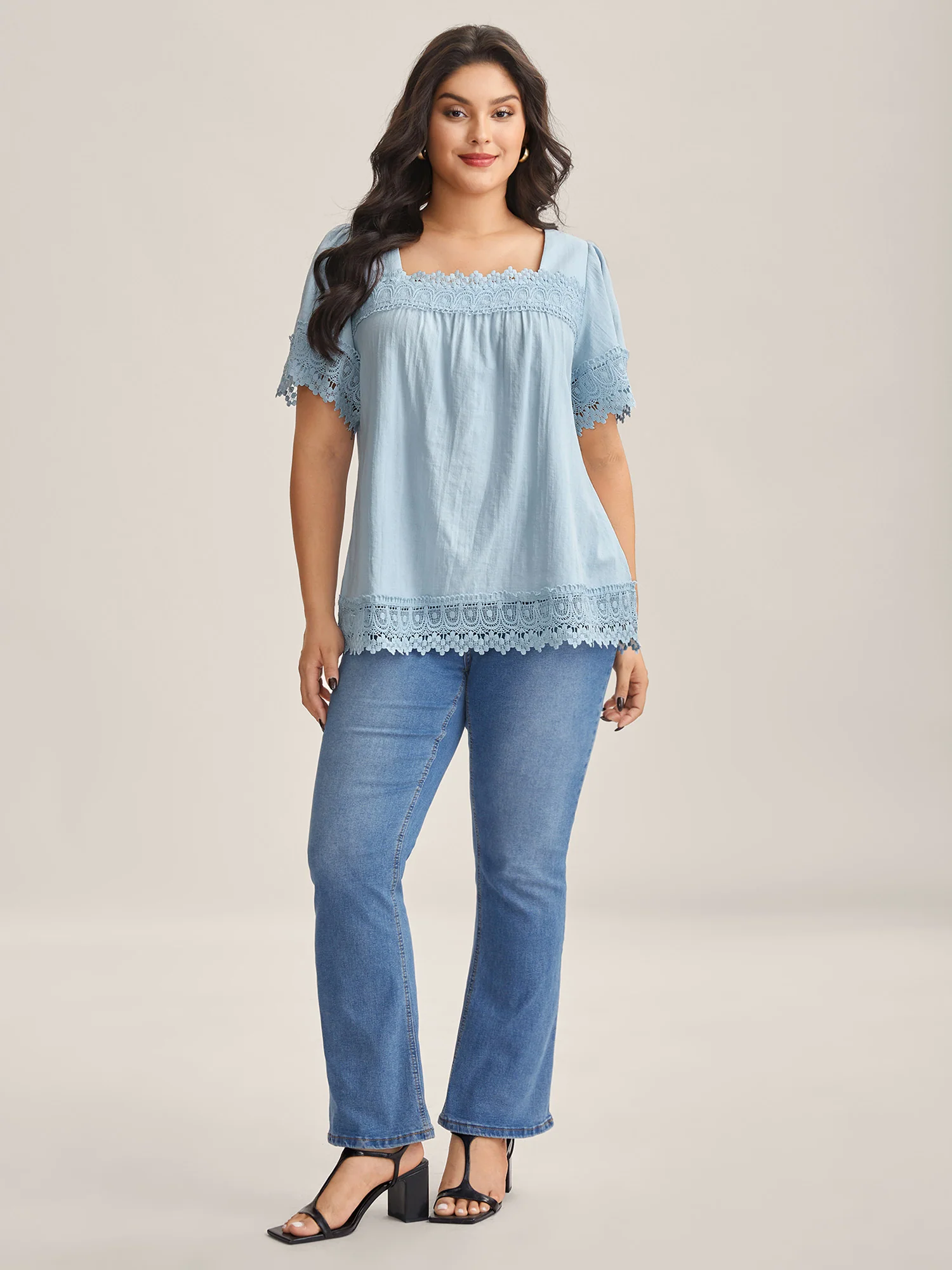 Lace Trim Spliced Solid Blouse