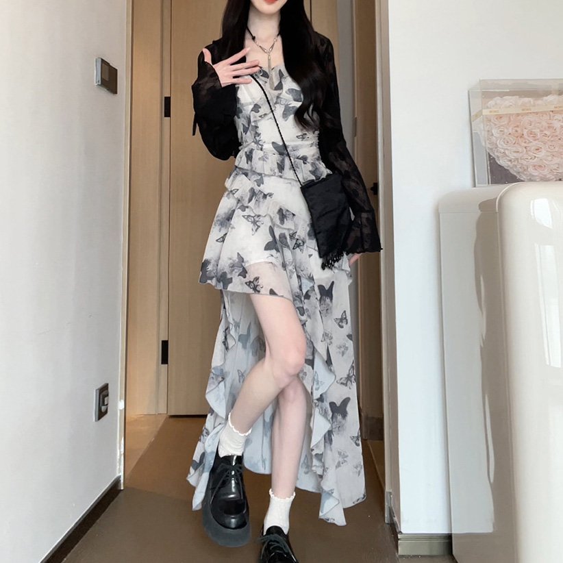 New Style Lotus leaf edge Butterfly skirt floral irregular dress