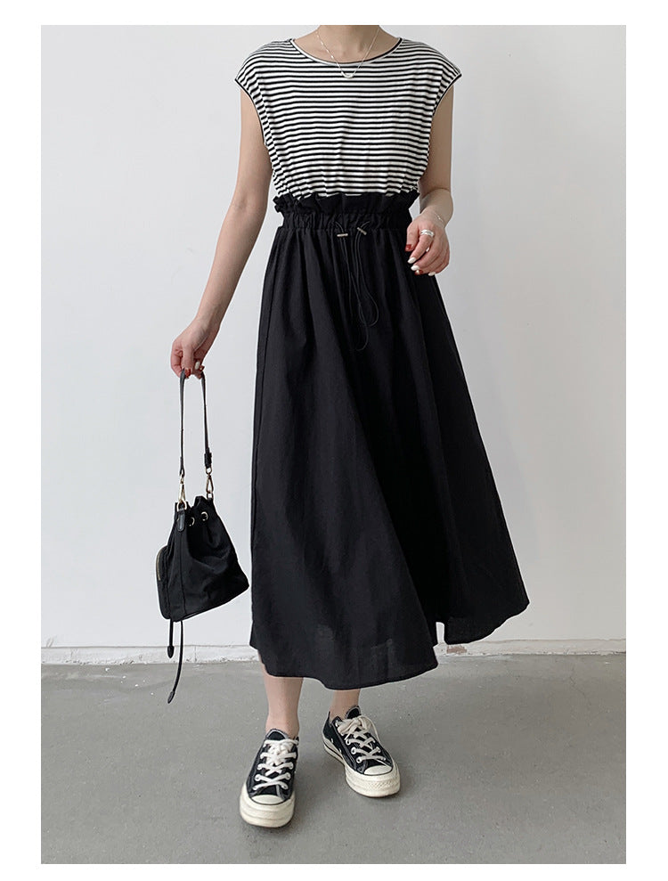 Summer Women Clothing Dress Cotton Stitching Bud Large Swing Dress Loose Waist Contrast Colors False Two Piece