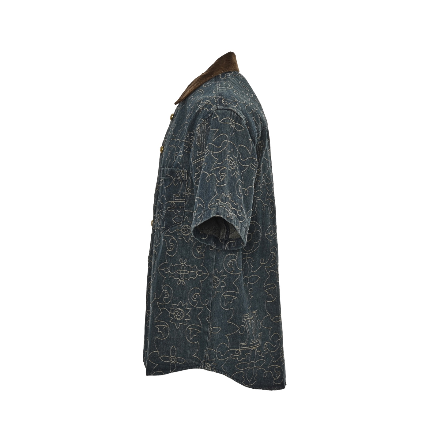 Louis Vuitton 25ss gold thread vine embroidered denim short sleeve shirt