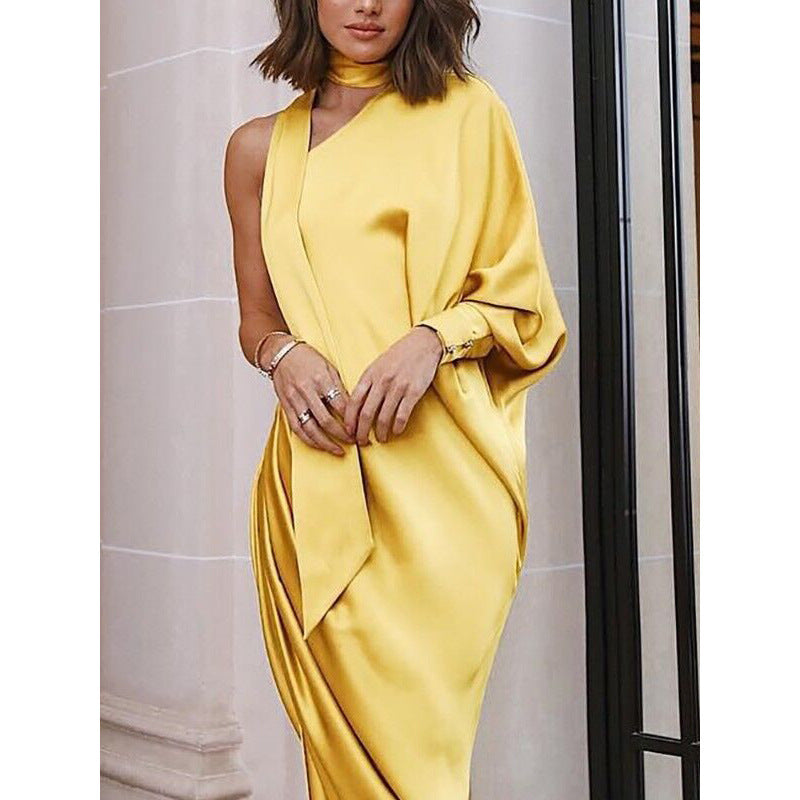 One-Shoulder Pleated Dress with Side Slit: Elegant Women's Fashion
