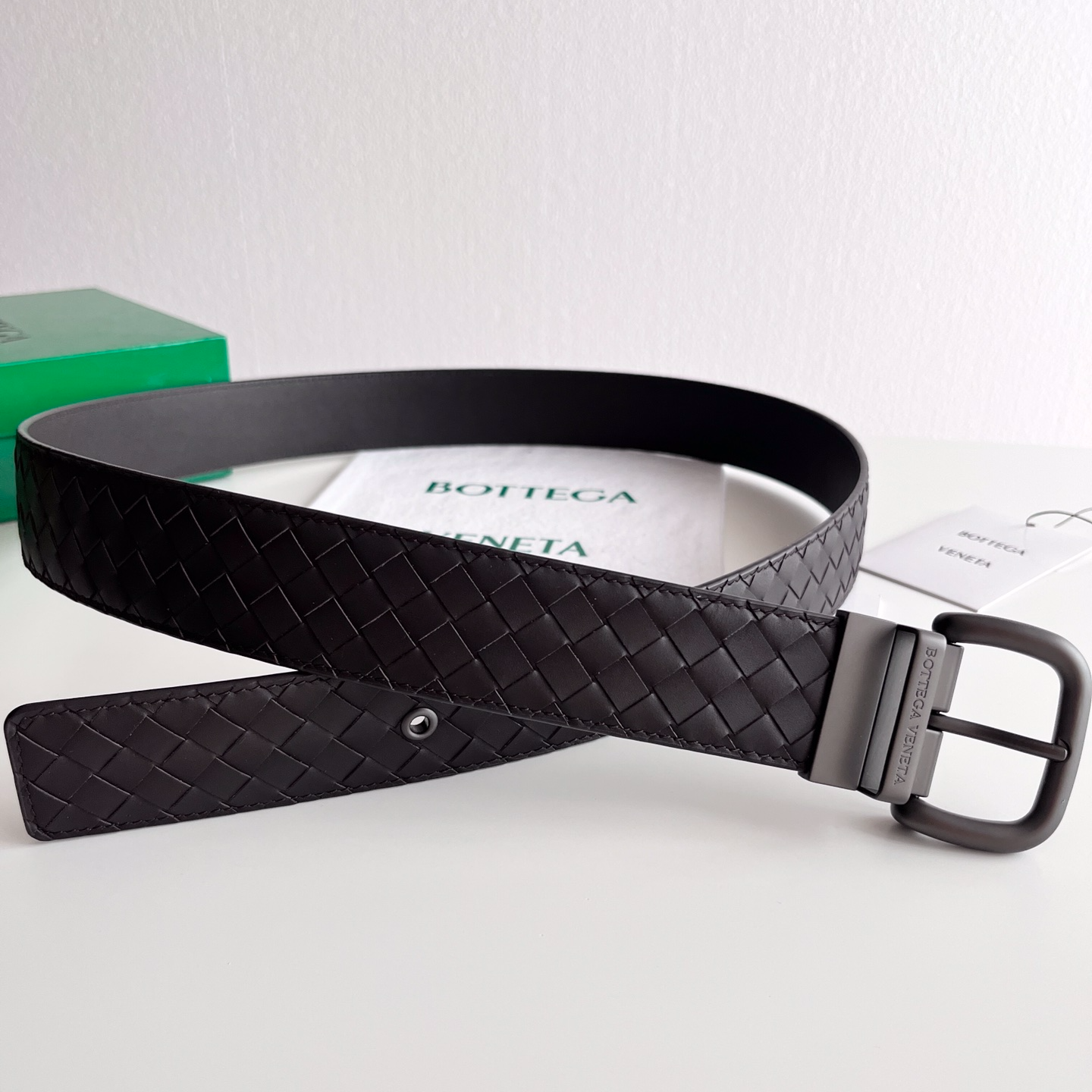 Bottega Veneta frosted pin buckle woven cowhide double-sided belt 4.0cm wide