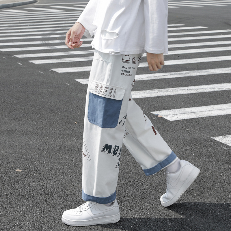 Autumn graffiti jeans straight-tube loose fashion designer overalls Korean fashion casual pants
