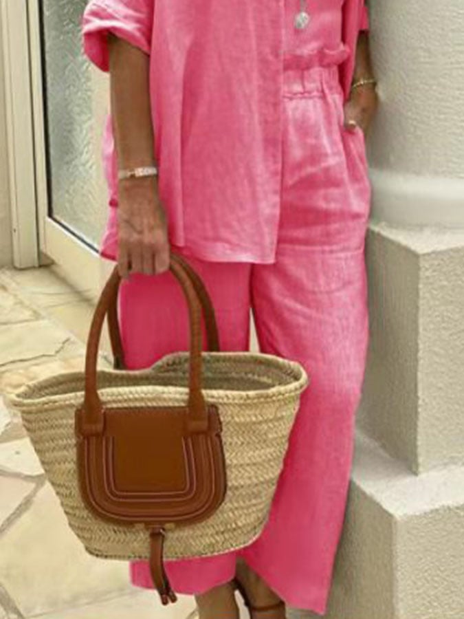 Solid Color Casual Cotton Linen Suit