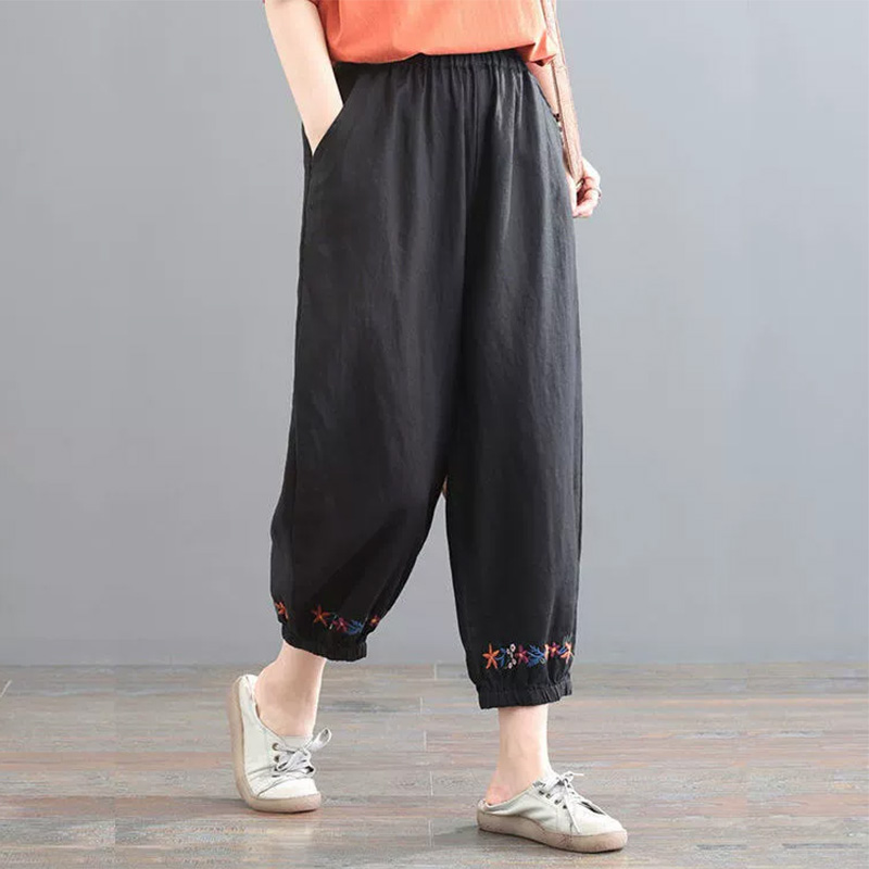 Vintage Floral Embroidered Linen Blend Casual Pants