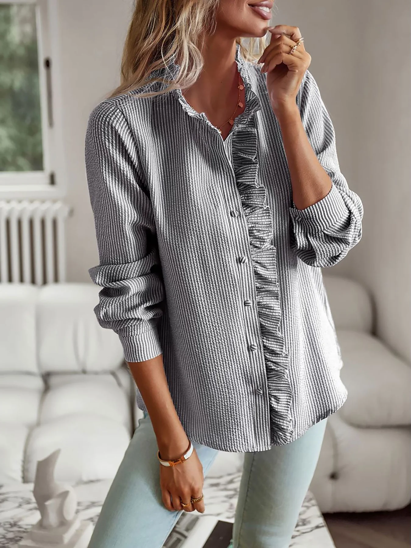 ⏰LAST DAY - HALF PRICE💥Striped Ruffled Textured Long Sleeves Button Down Shirts