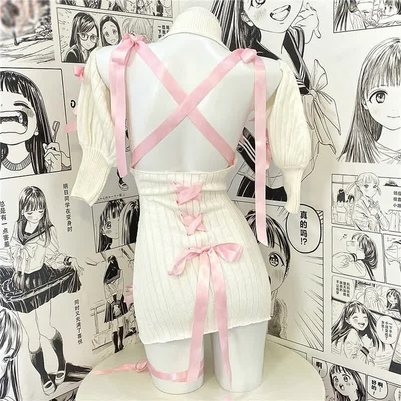 Knit Lace Up Hollow Out Halter Lingerie Dress