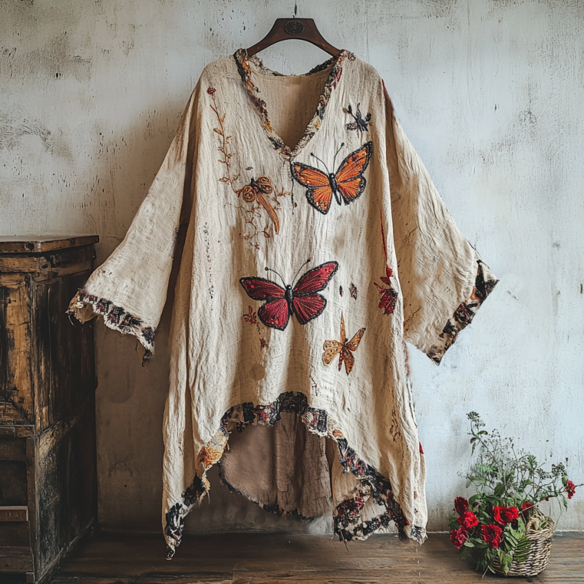 Women's Butterfly And Dragonfly Embroidery Linen Art Floral Linen V-neck Shirt