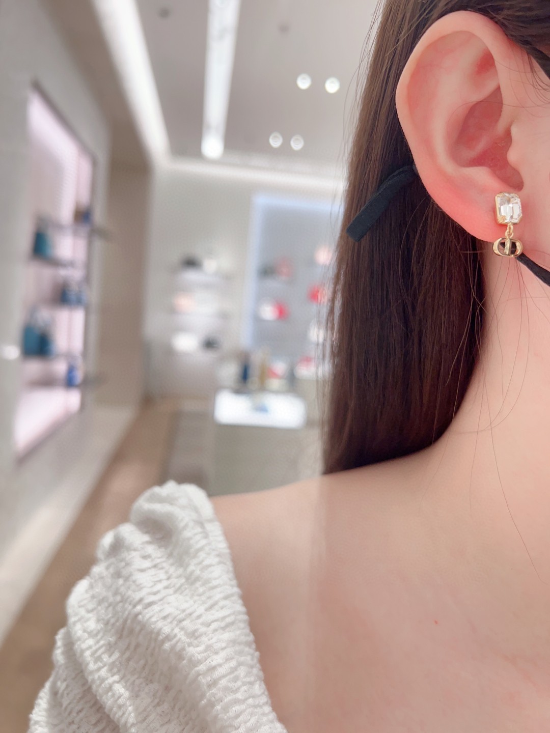 Dior Square Diamond Asymmetric Pearl CD Earrings
