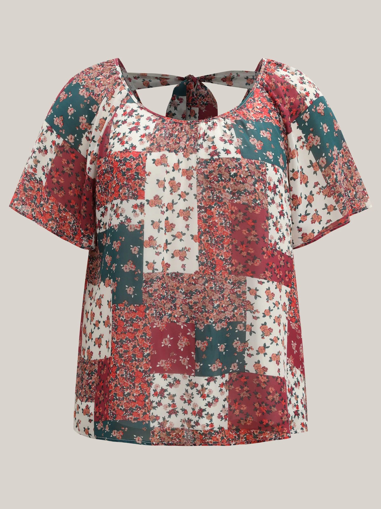 Boho Collage Print Backless Tie Blouse