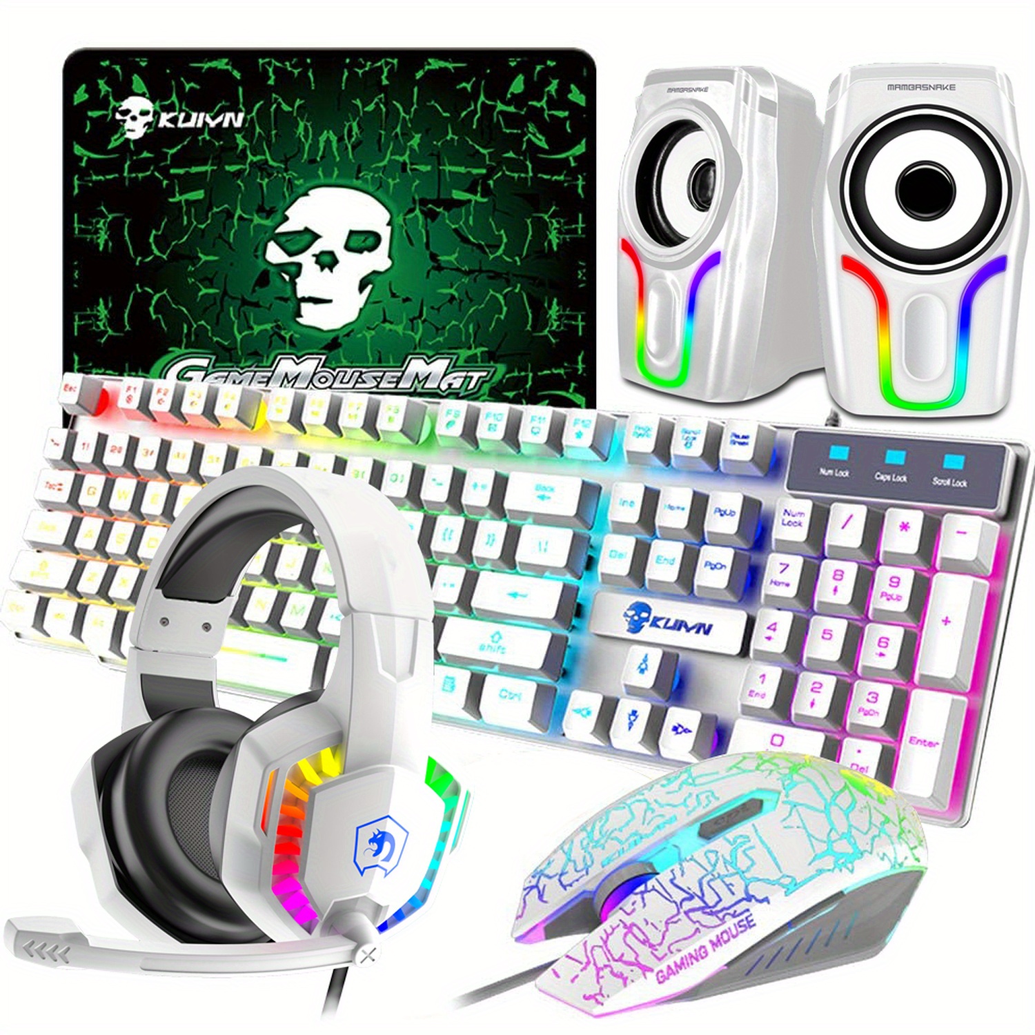 5 In 1 Gaming Combo,12W HD Sound Speakers Rainbow LED Backlit Wired Mechanical Feel Keyboard,2400DPI 6 Button Optical Gaming Mouse, RGB Gaming Headset With Mic, Gaming Mouse Pad, For PC Gaming PS4 Xbox PC Notebook