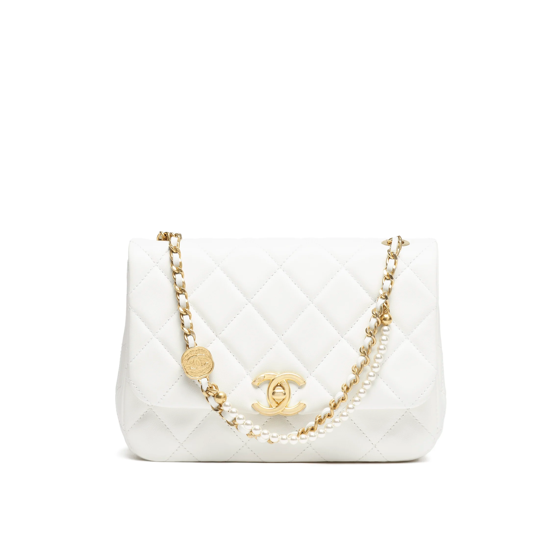 Chanel Mini Flap Bag Shiny Lambskin, Imitation Pearls & Gold-Tone Metal White AS5352-B19384-10601