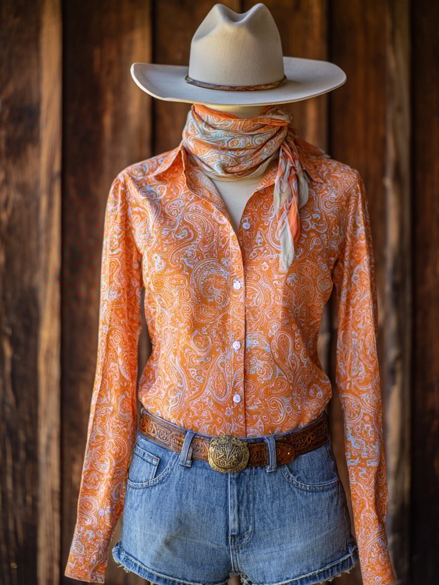 Women's Vintage Paley Print Western Long Sleeve Shirt