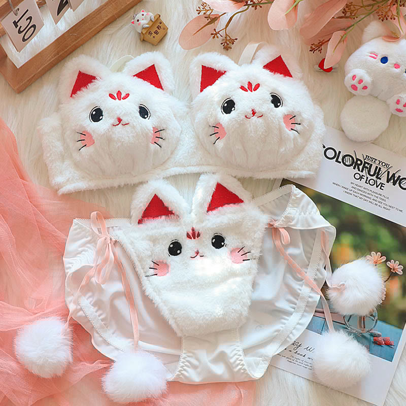 Kawaii Kitty Ear Embroidery Plush Lingerie Set