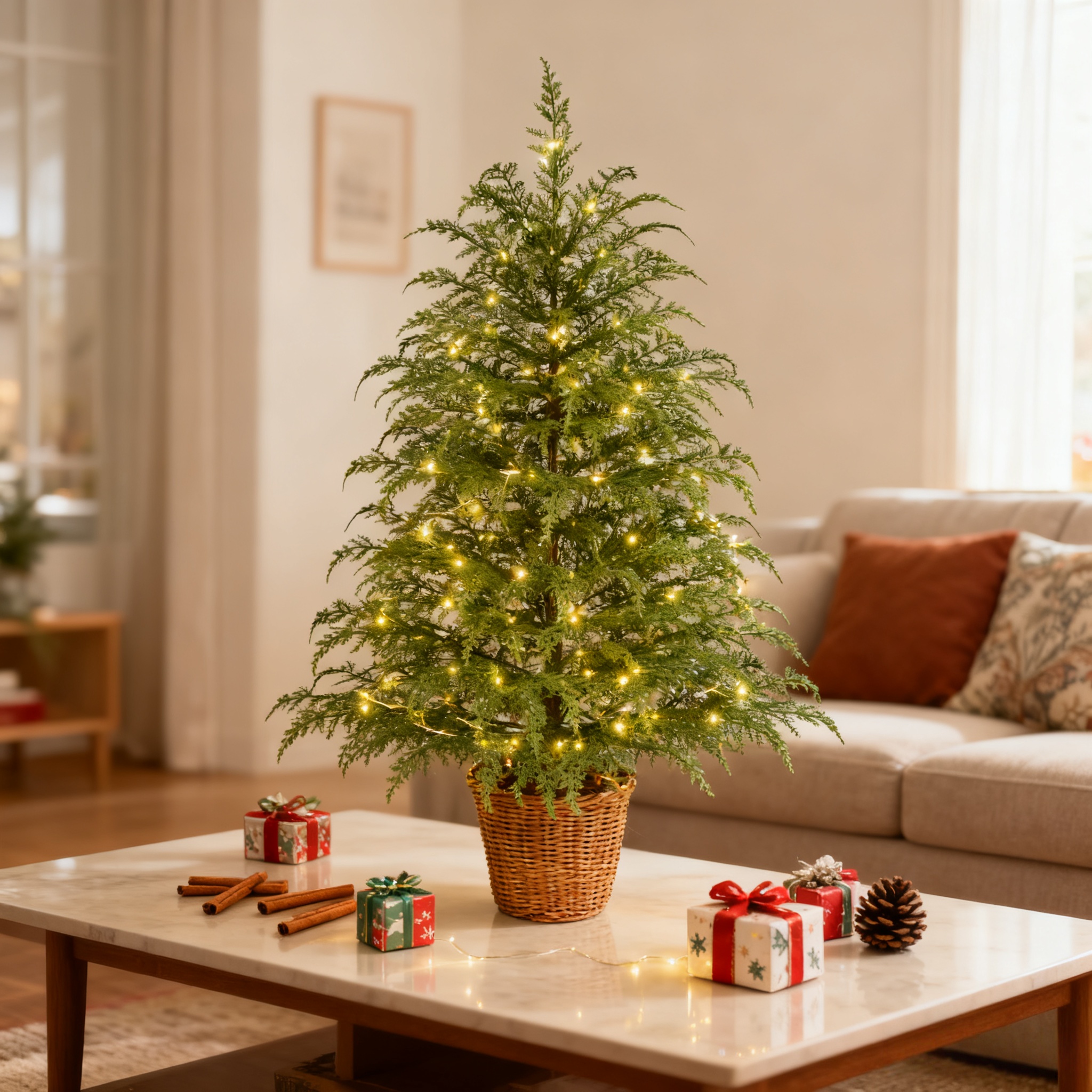 🎄Early Christmas Sale🔥Pre-Lit Green Cypress Artificial Christmas Potted Tree with White Twinkle LED Lights