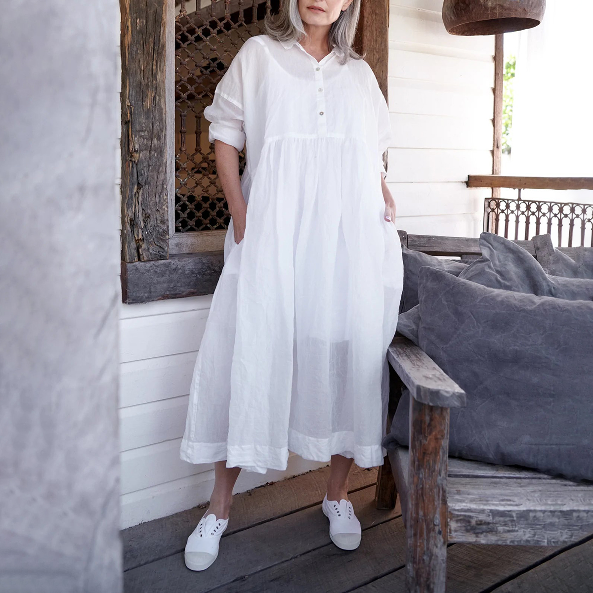 Solid Comfortable Casual Button V-Neck Long Sleeve Midi Dress
