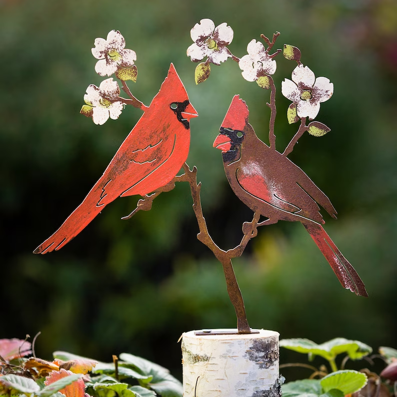 Hand painted metal bird metal garden art decoration on spring willow garden stake