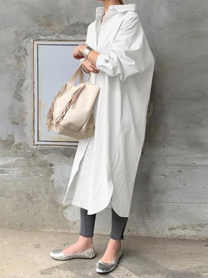 Women's Solid Color Casual Long Sleeve Cotton Shirt Dress