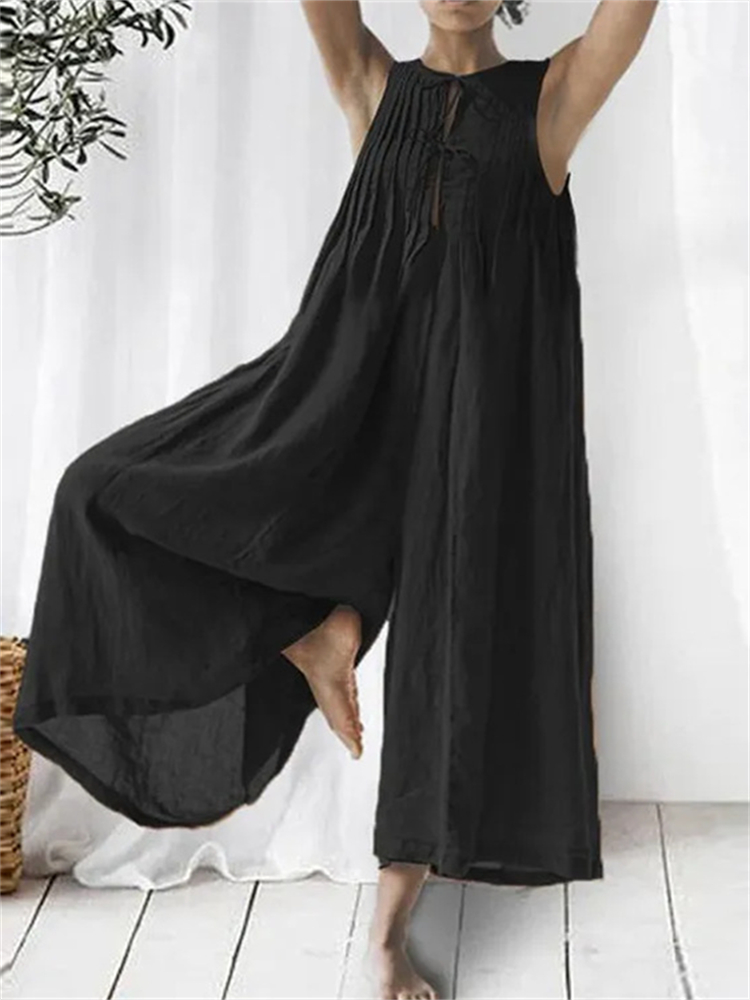 Pleated Laced Front Wide Leg Flowy Jumpsuit