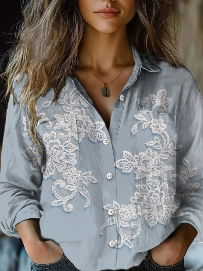 Women's Casual Vintage Floral Cotton and Linen Shirt