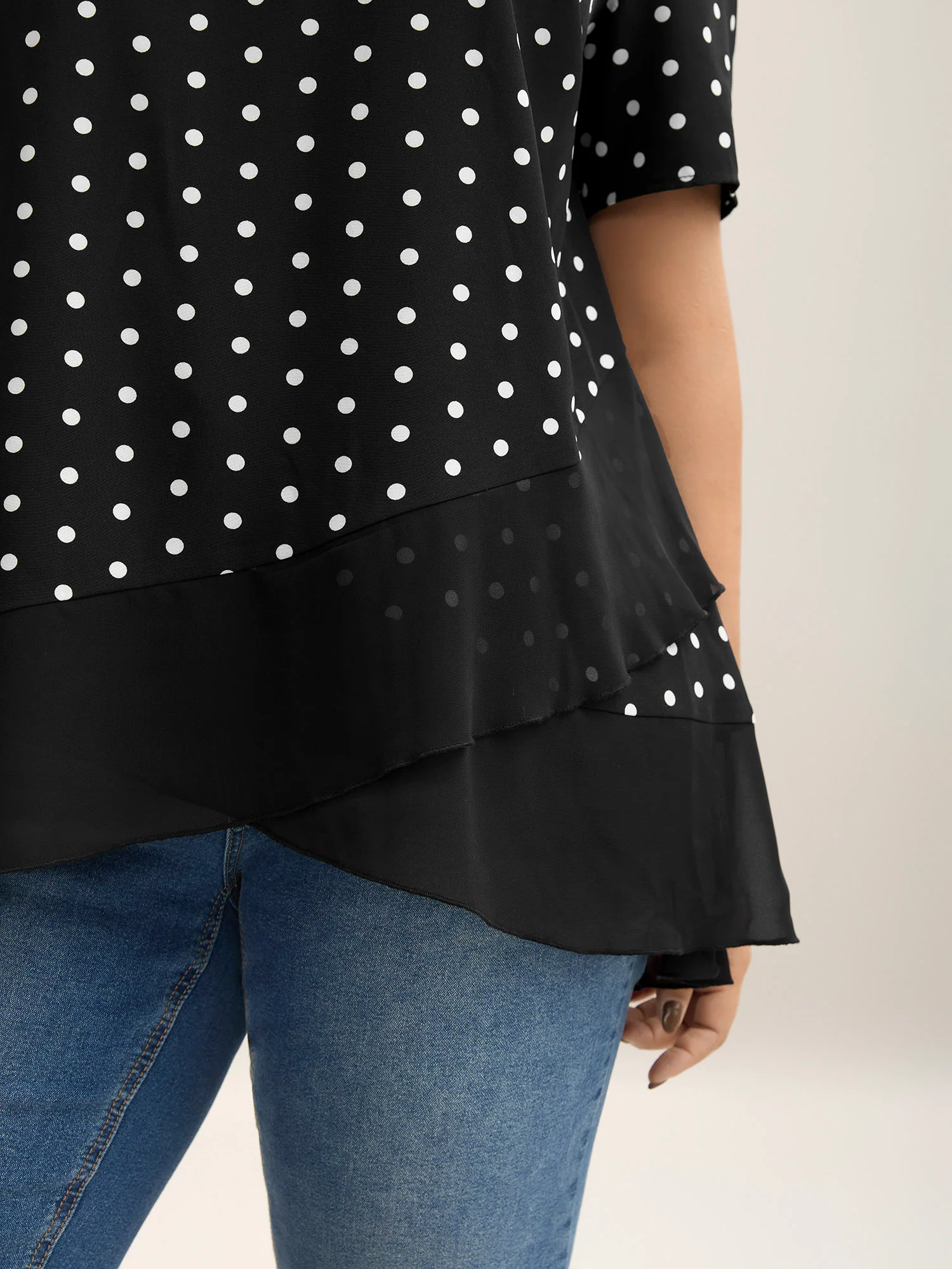 Polka Dots Spliced Ruffled Hem Shirt