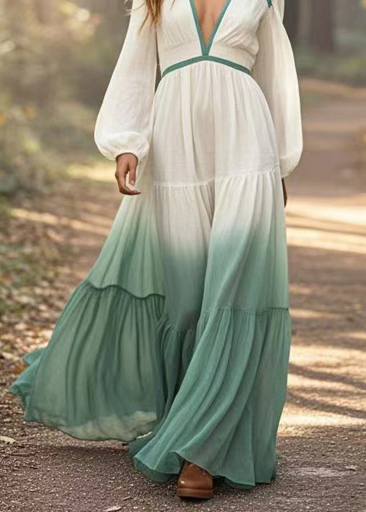 Boutique Gradient Color V Neck Exra Large Hem Cotton Dress Spring