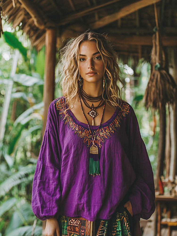 Retro Bohemian Resort Art Embroidery Print Cotton And Linen Blend Loose Blouse