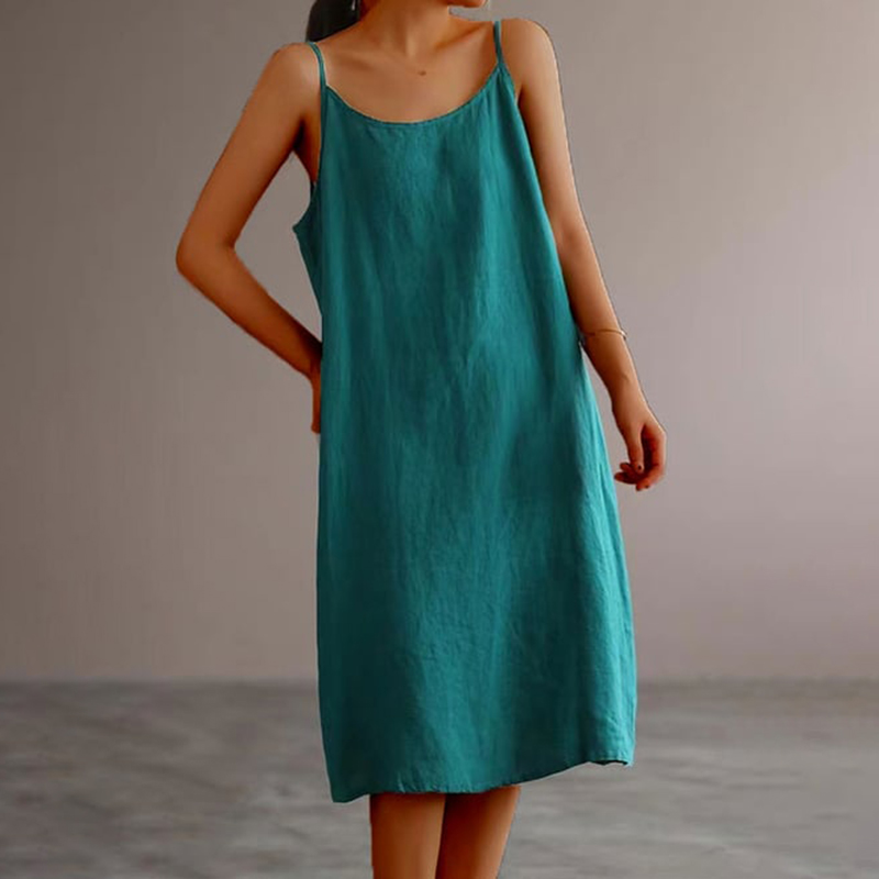 Cotton Linen Solid Color Sling Midi Dress