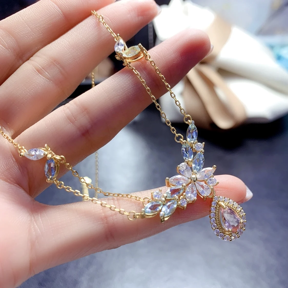 925 Sterling Silver Natural Morgan Stone Aquamarine Necklace Jewelry Pure Beauty Women's luxury Jewelry Certified boutique