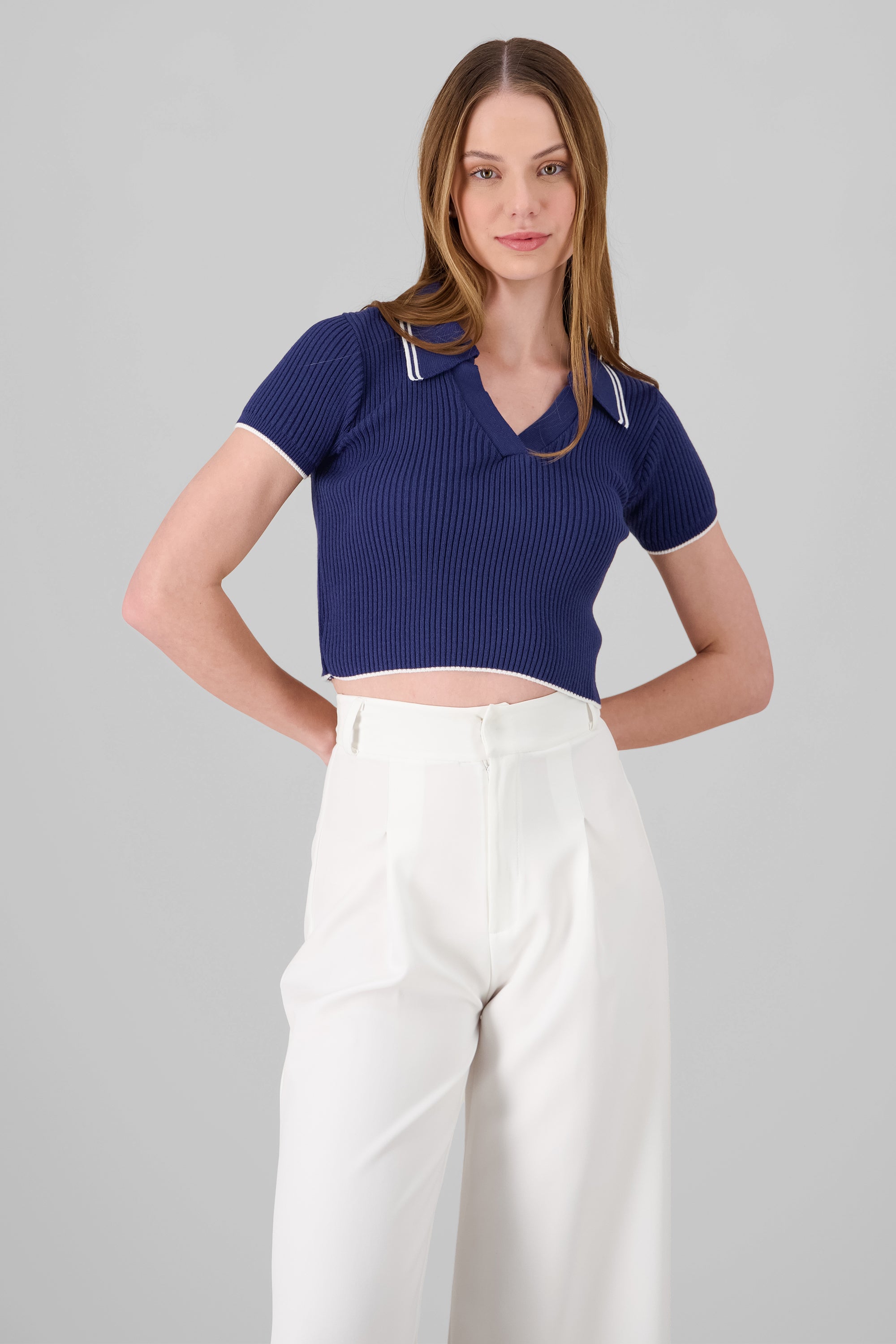 ColorContrast Polo Neck Crop Top