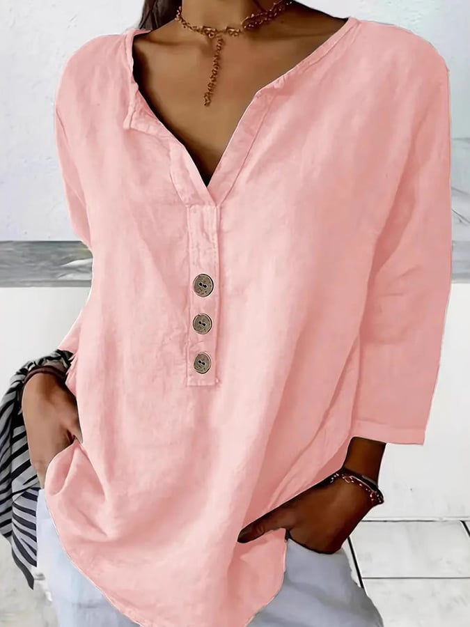 Women's V-Neck Long Sleeve Loose Button Design Casual Shirt