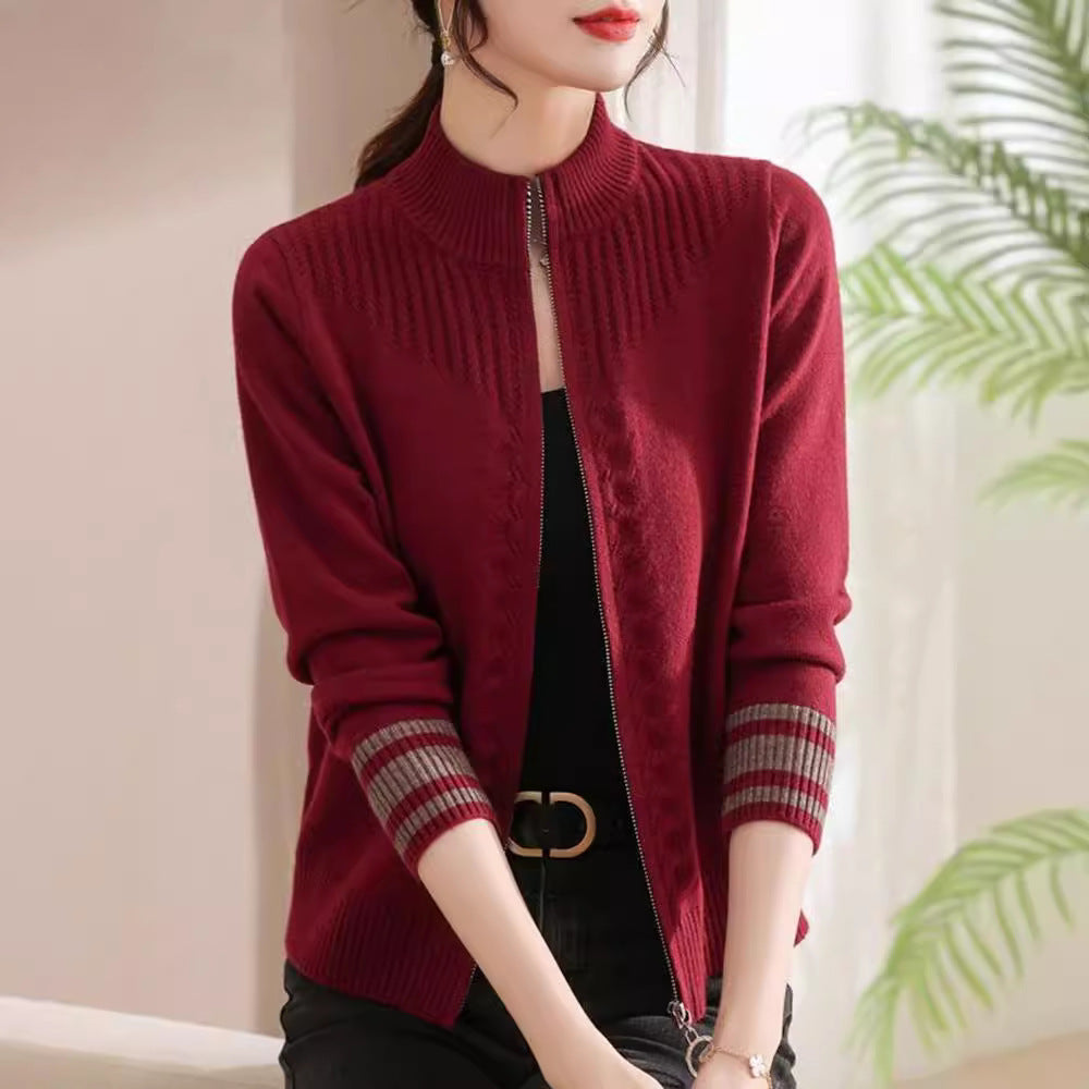 Women's Stand Collar Wool Cardigan Coat with Zipper