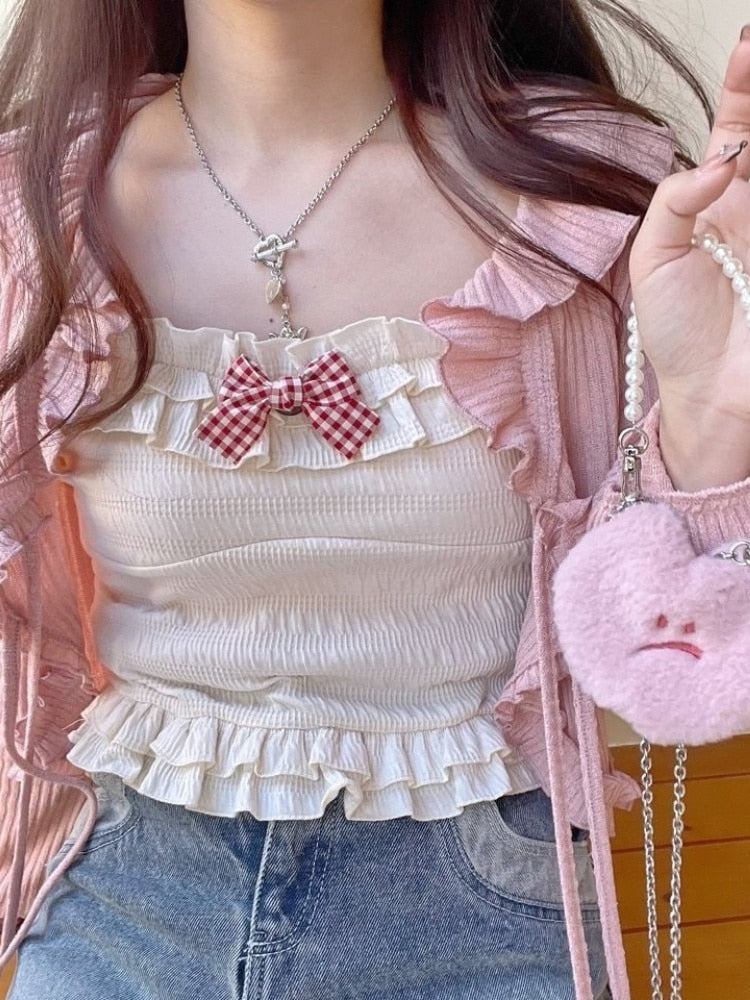 Gingham Bow Ruffle Cami Top and Cardigan Set